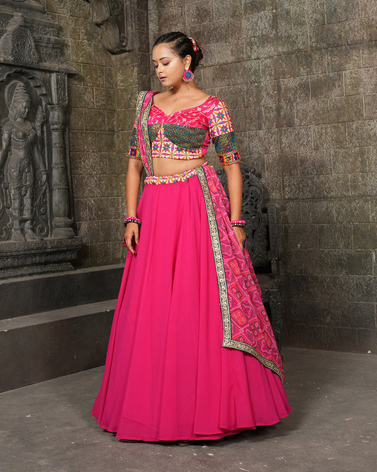 Designer Embroidered Rani Pink Color Georgette Navratri Lehenga Choli