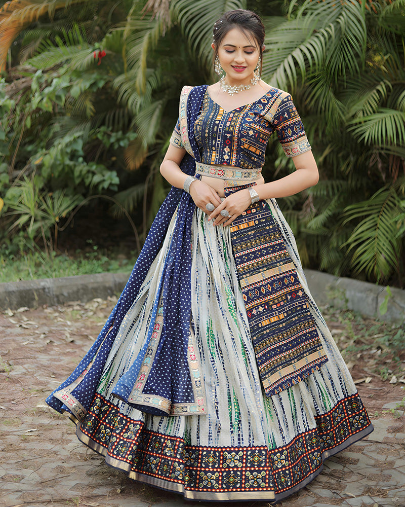 Designer Blue-Off White Color Cotton Printed Lehenga Choli