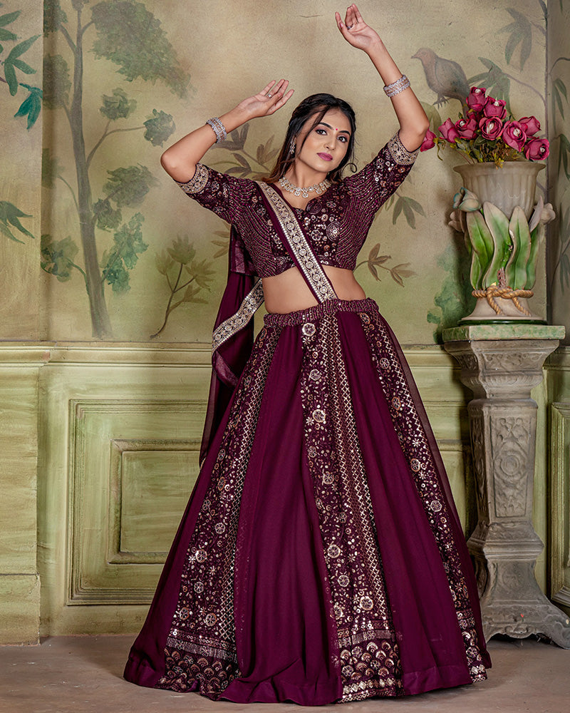 Designer Embroidered Wine Color Georgette Lehenga Choli
