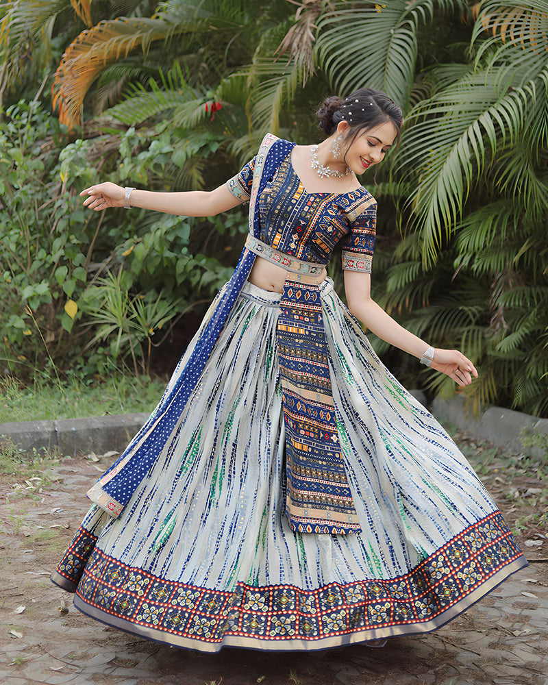Designer Blue-Off White Color Cotton Printed Lehenga Choli