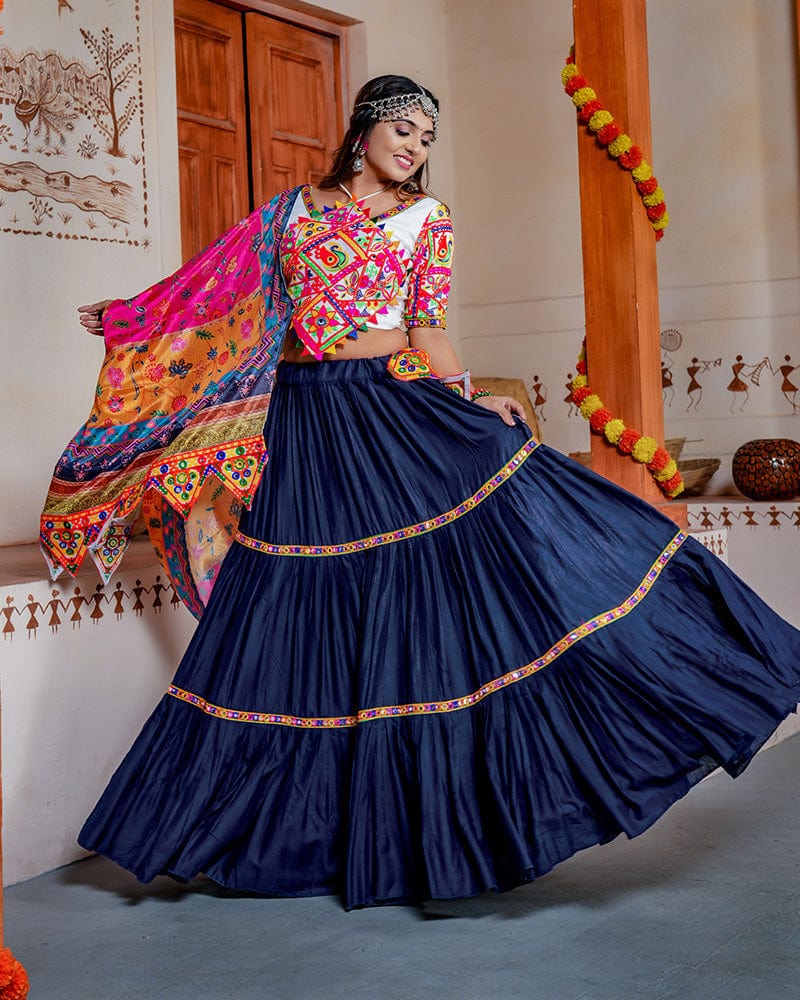Royal Blue Color Real Mirror Work Rayon Navratri Lehenga Choli
