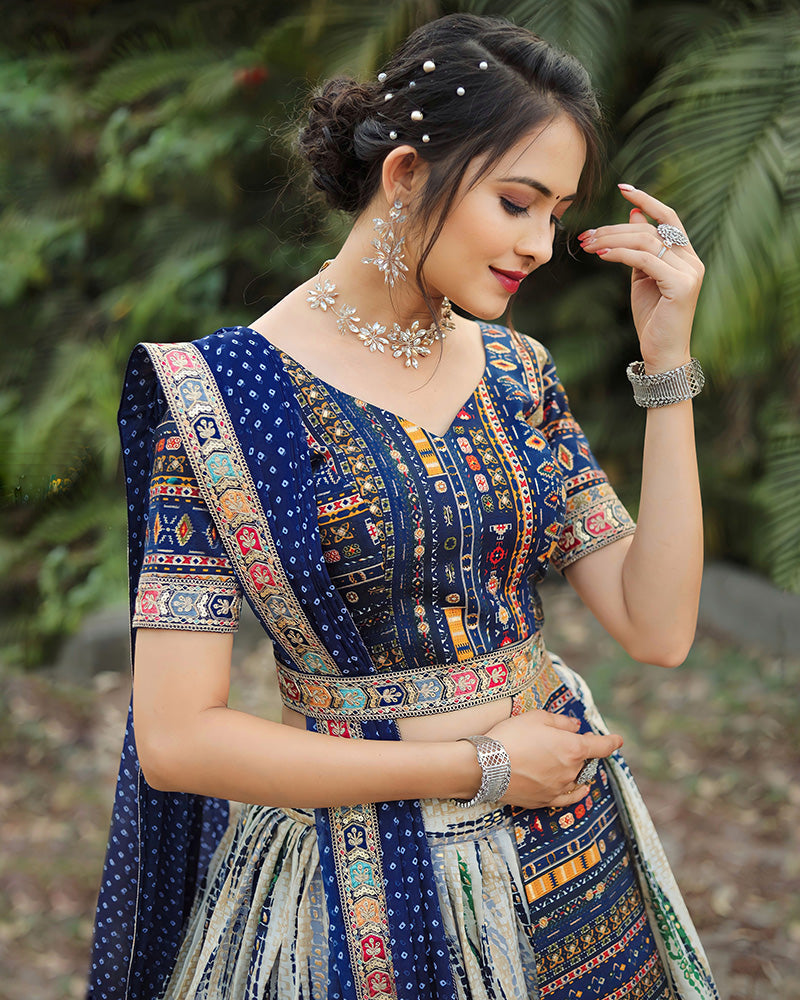 Designer Blue-Off White Color Cotton Printed Lehenga Choli