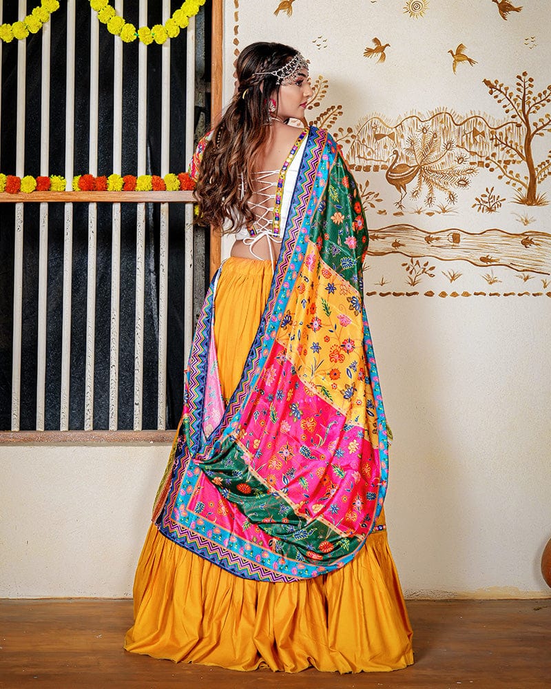 Mustard Yellow Color Real Mirror Work Rayon Navratri Lehenga Choli