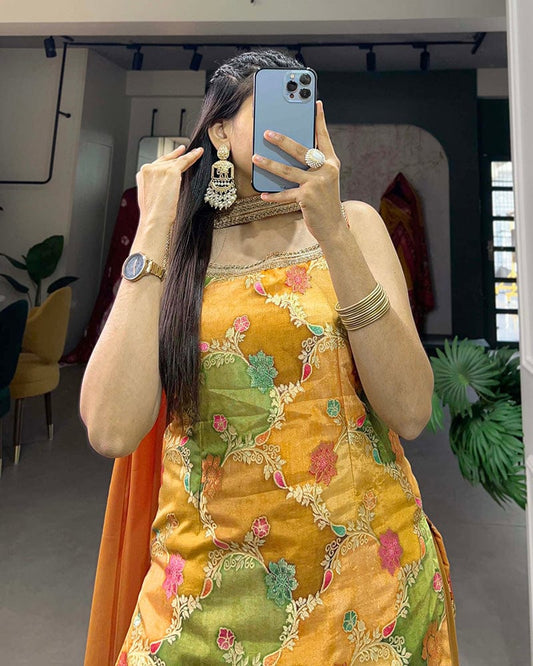 Mustard Color Jacquard Weaving Work Plazo Suit