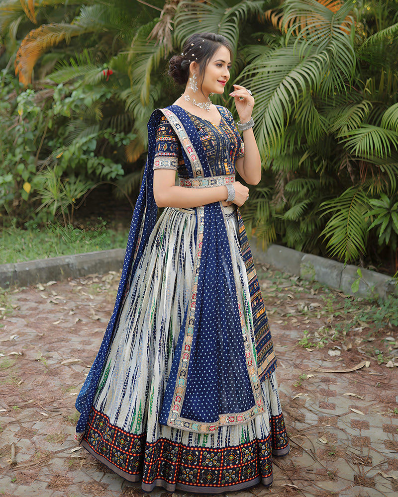Designer Blue-Off White Color Cotton Printed Lehenga Choli