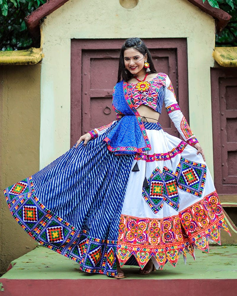 Blue and White Color Digital Printed Muslin Silk Navratri Lehenga Choli