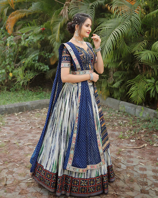Designer Blue-Off White Color Cotton Printed Lehenga Choli