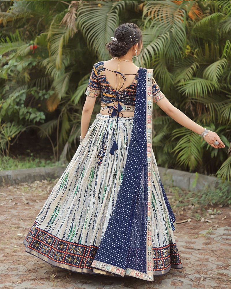 Designer Blue-Off White Color Cotton Printed Lehenga Choli