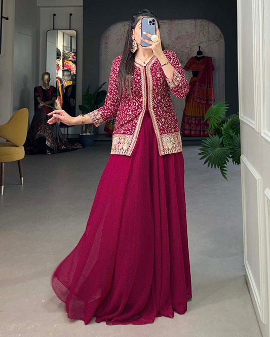 Rani Pink Color Embroidery Work Georgette Plazo Suit