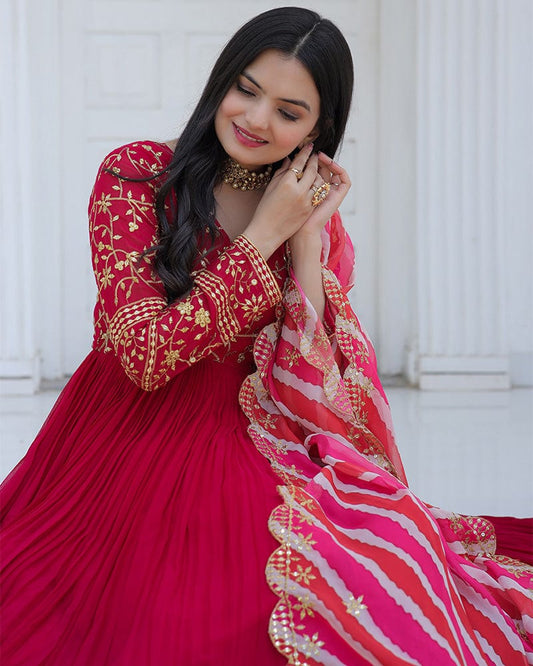 Pink Color Designer Embroidered Gown With Laheriya Dupatta