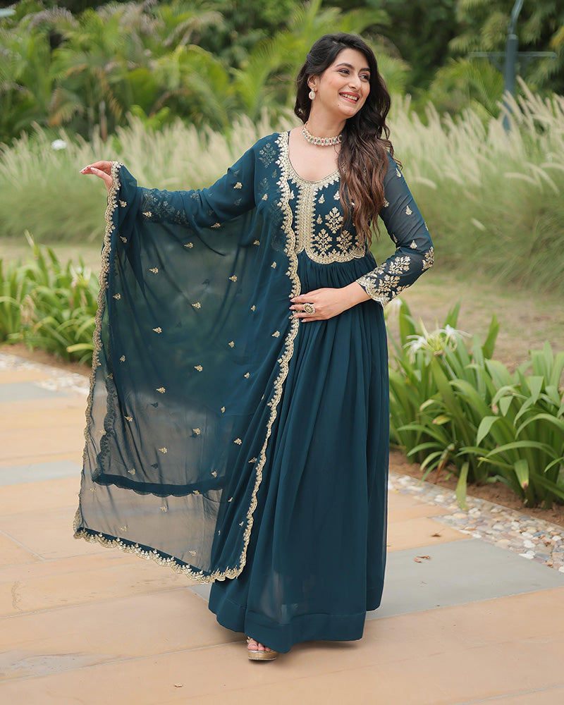 Rama Color Faux Blooming Multi Embroidered Work Gown