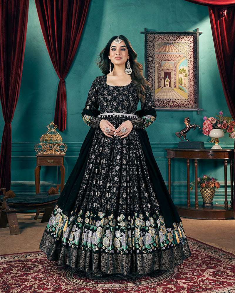 Black Color Faux Georgette Metalic Foil Work Gown With Dupatta