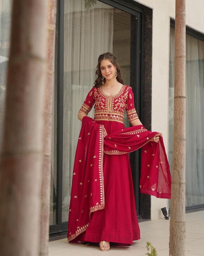 Rani Pink Color Vichitra Silk Embroidered Gown