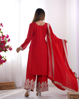 Red Color Vichitra Silk Three Piece Kurti Suit