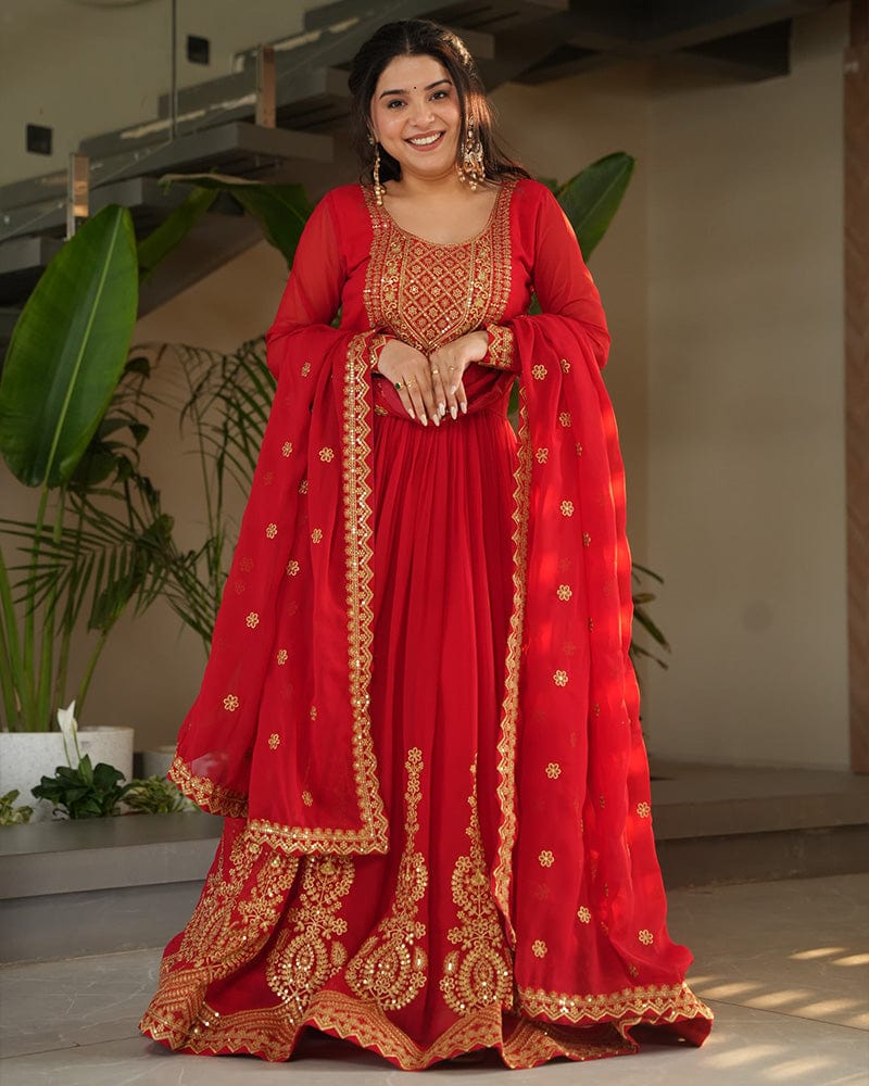 Red Color Faux Blooming Embroidered Gown