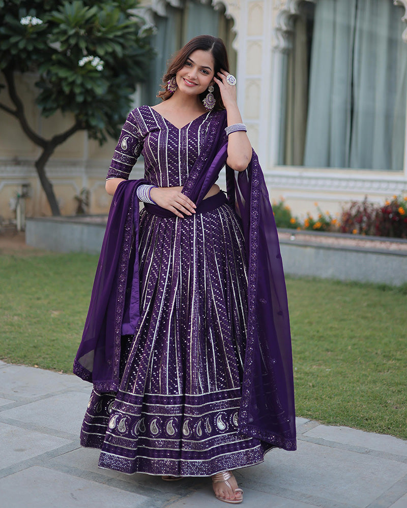 Designer Wine Color Faux Blooming Semi stitched Lehenga Choli