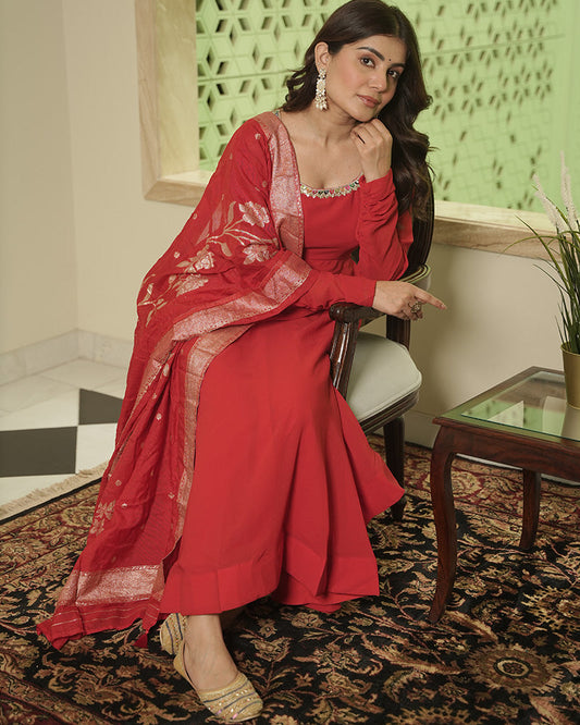 Red Color Georgette Anarkali With Dyable Jacquard Dupatta