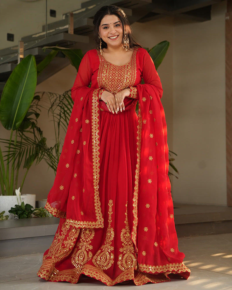 Red Color Faux Blooming Embroidered Gown