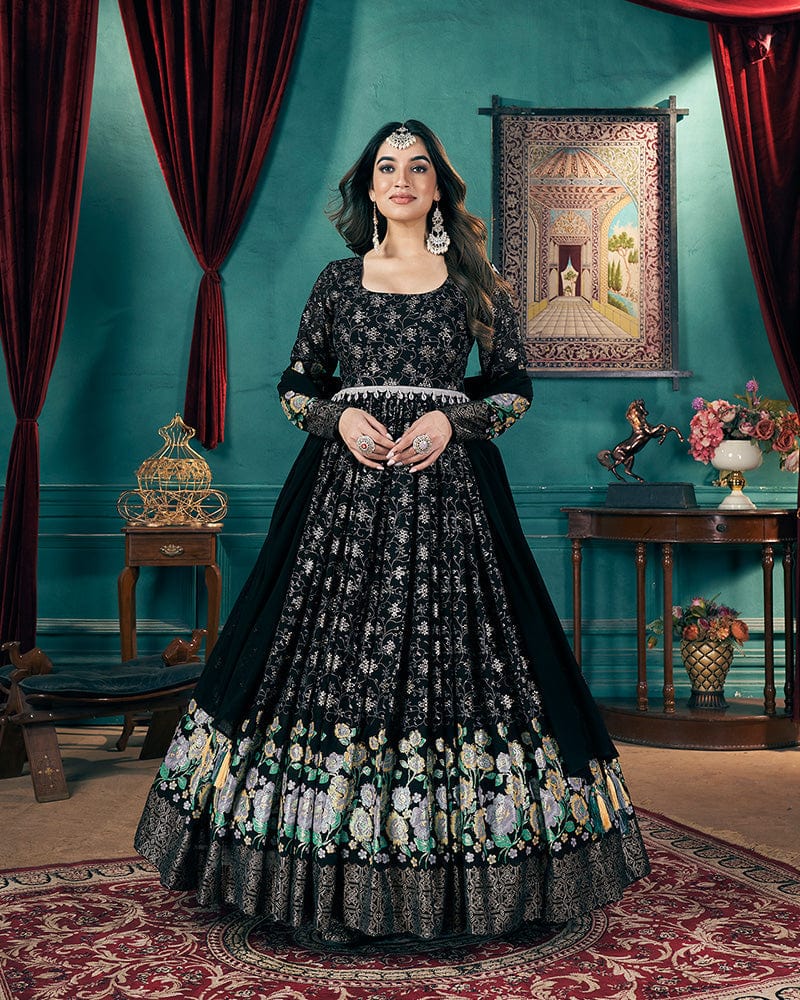Black Color Faux Georgette Metalic Foil Work Gown With Dupatta