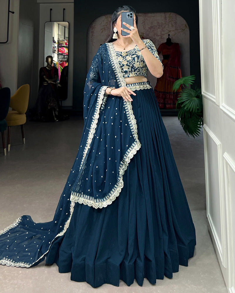 Teal Green Color Georgette Embroidered Lehenga Choli