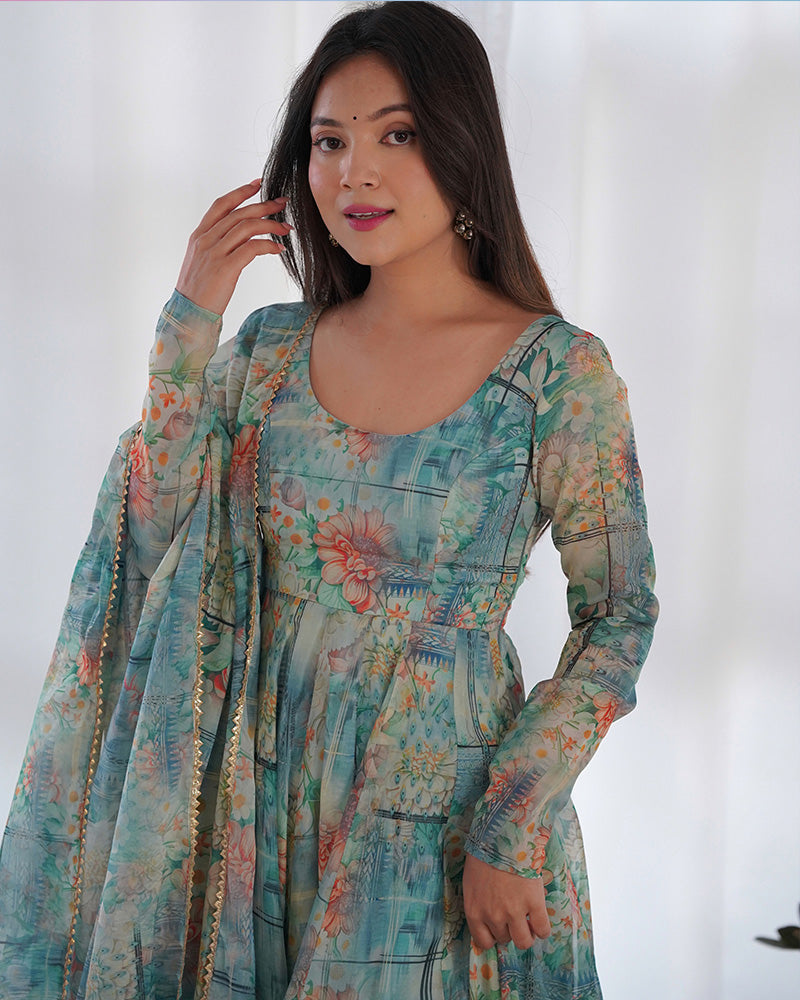 Bottle Green Color Floral Print Organza Three Piece Anarkali Suit