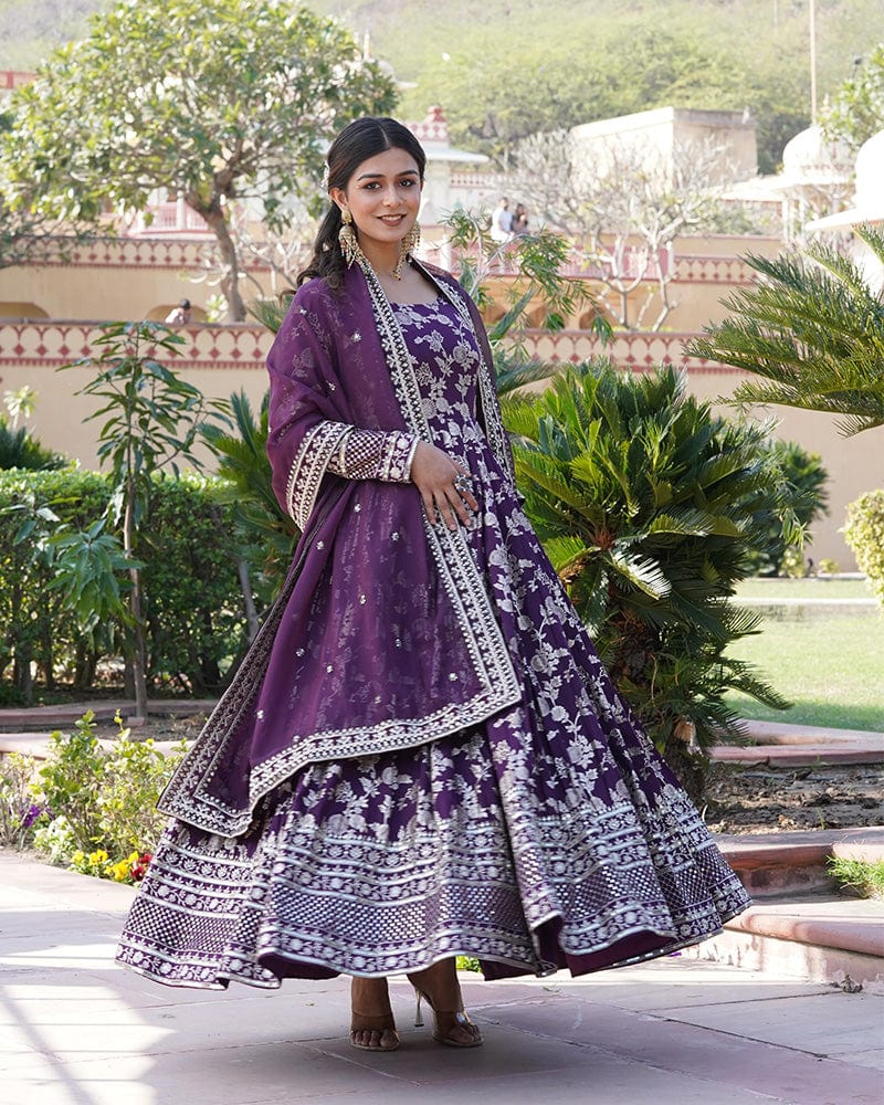 Designer Wine Color Sequence embroidered Viscose Jacquard Gown With Dupatta