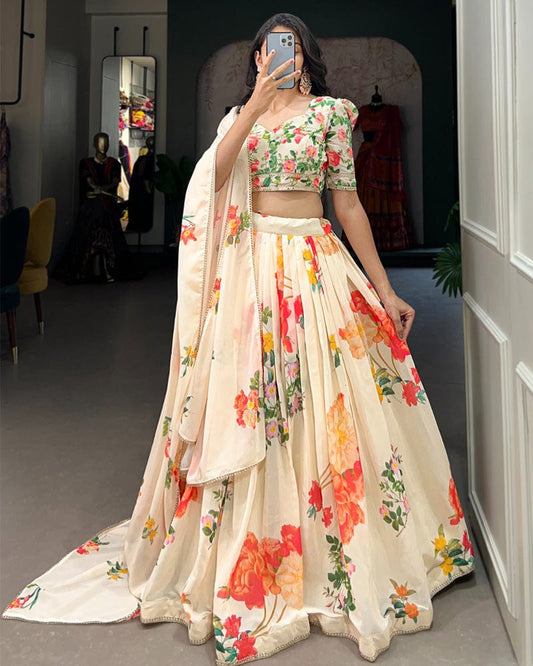 Cream Color Georgette Floral Printed Lehenga Choli