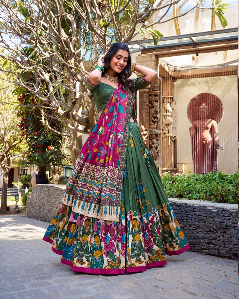 Mehndi Color Tussar Silk Kalamkari Printed Lehenga Choli
