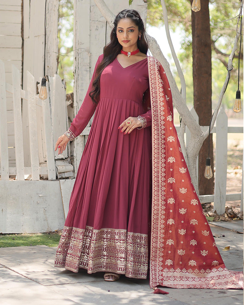 Designer Dusty Pink Color Faux Georgette Embroidered Gown