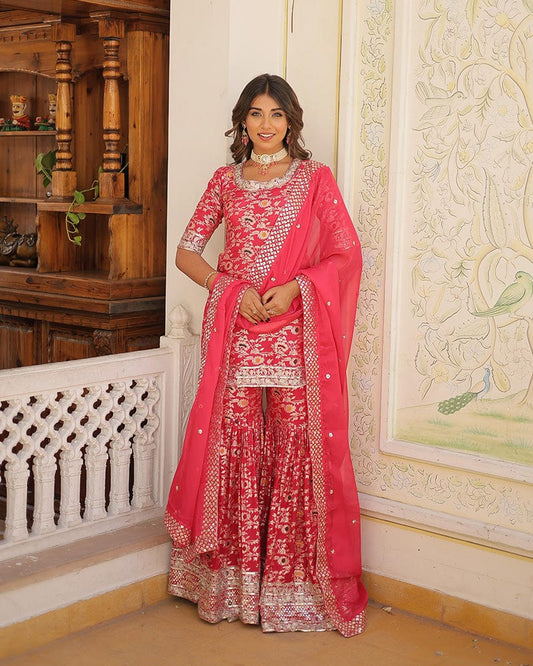 Rani Pink Color Viscose Jacquard Three Piece Gharara Suit