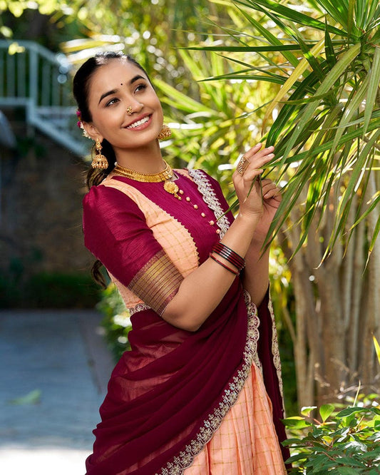 premium Peach Color Zari Chex Lehenga Choli