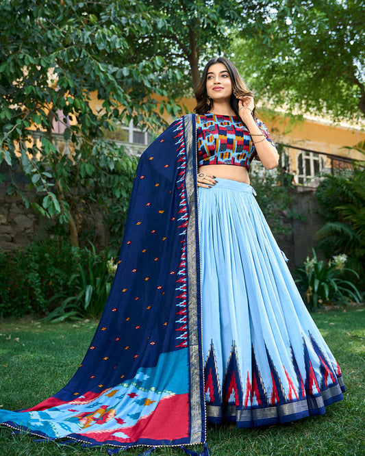Sky Blue Color Tussar Silk Printed Navratri Lehenga Choli