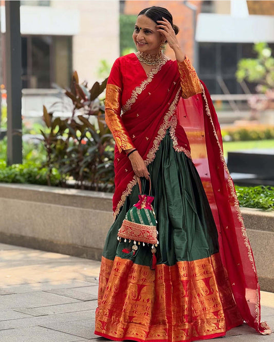 Roopal Shah In Green Color Narayan Pattu Silk Designer Lehenga Choli