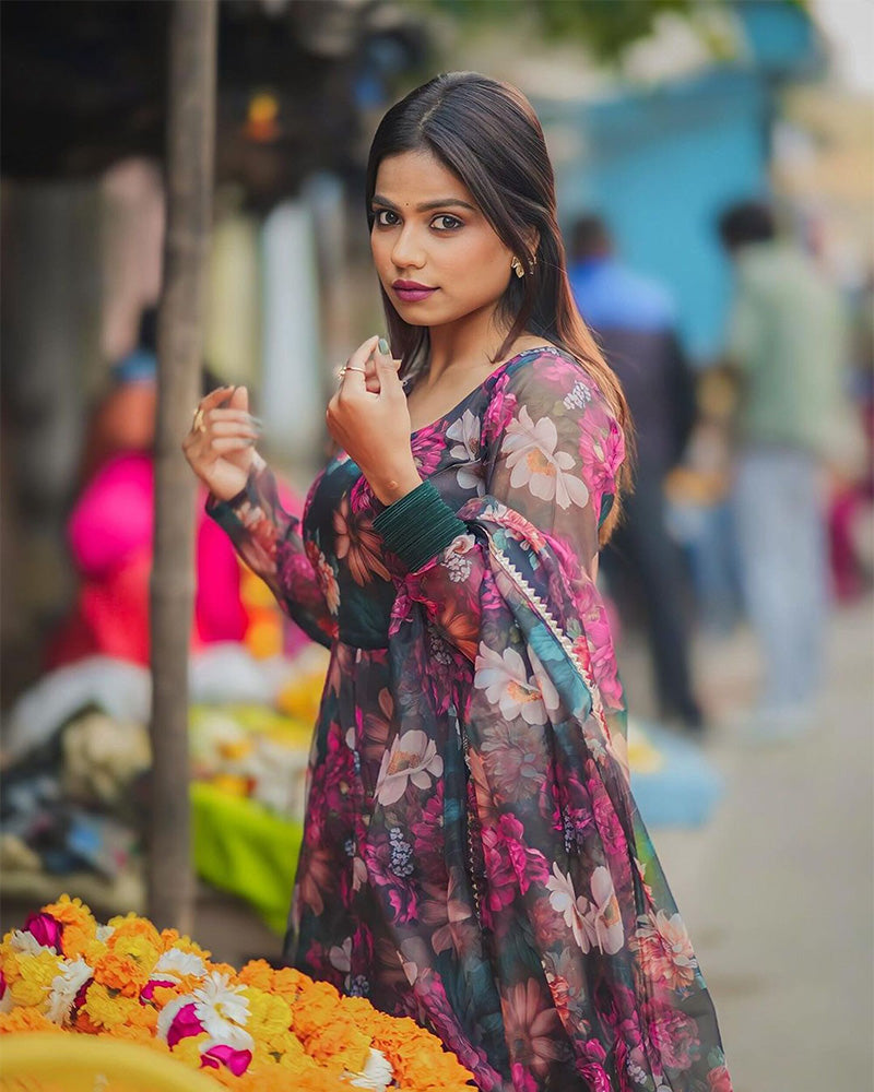 Rugee In Our Floral Print Organza Black Color Three Piece Anarkali Suit