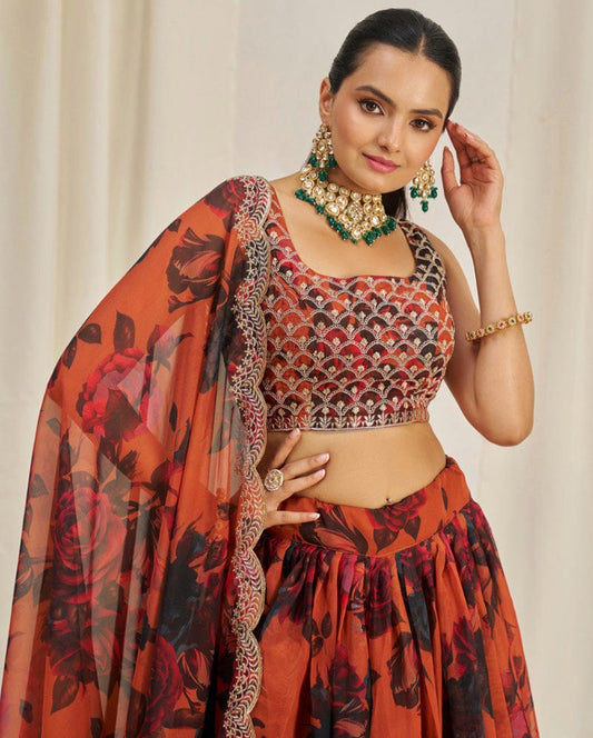 Orange And Black Color Floral Printed Organza Lehenga Choli