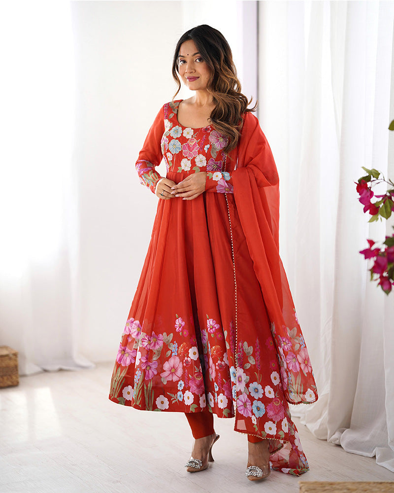Rust Color Floral Print Organza Three Piece Anarkali Suit