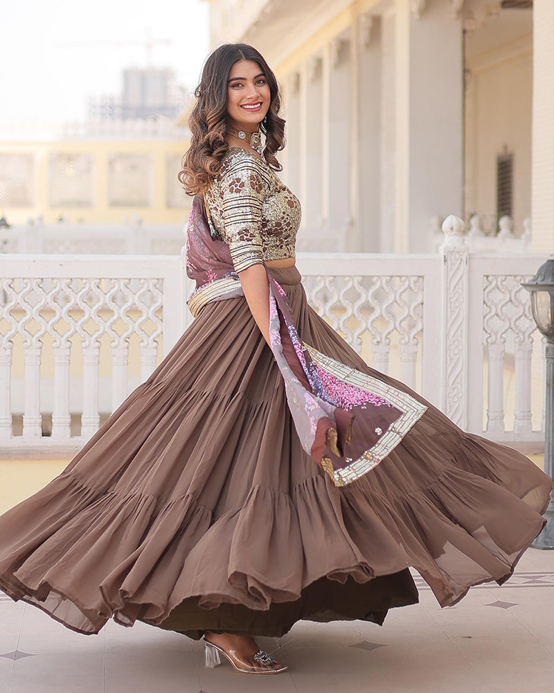 Chocolate Color Faux Georgette Frill Style Lehenga Choli
