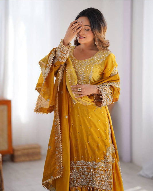 Yellow Color Chinnon Sequence Work Plazzo Suit