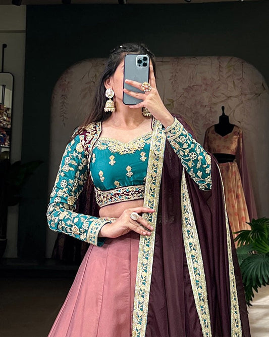 Peach Color Moonga Silk Embroidered Lehenga Choli