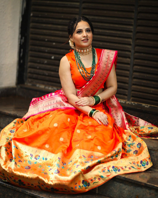 Designer Orange Color Jacquard Paithani silk Lehenga Choli