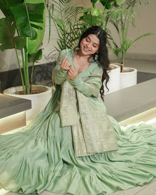 Pista Color Pure Chanderi Silk Frill Style Anarkali Suit