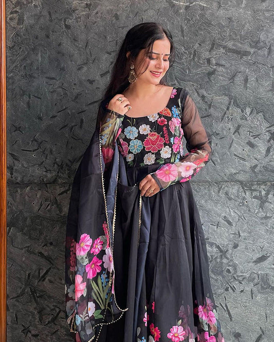 Mehak Qudora Black Floral Print Organza Three Piece Anarkali Suit