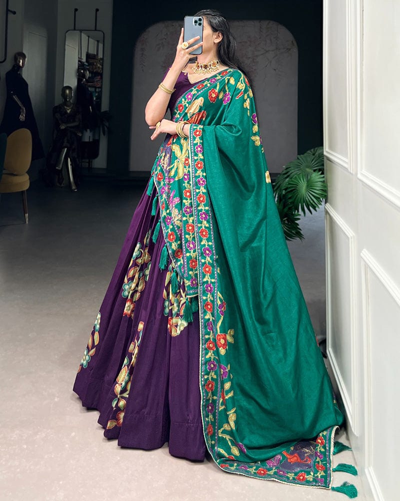 Purple Color Tussar Silk Printed With Foil Work Lehenga Choli