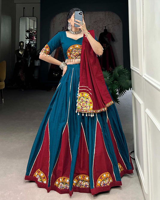 Teal green Color Pure Cotton Navratri Lehenga Choli