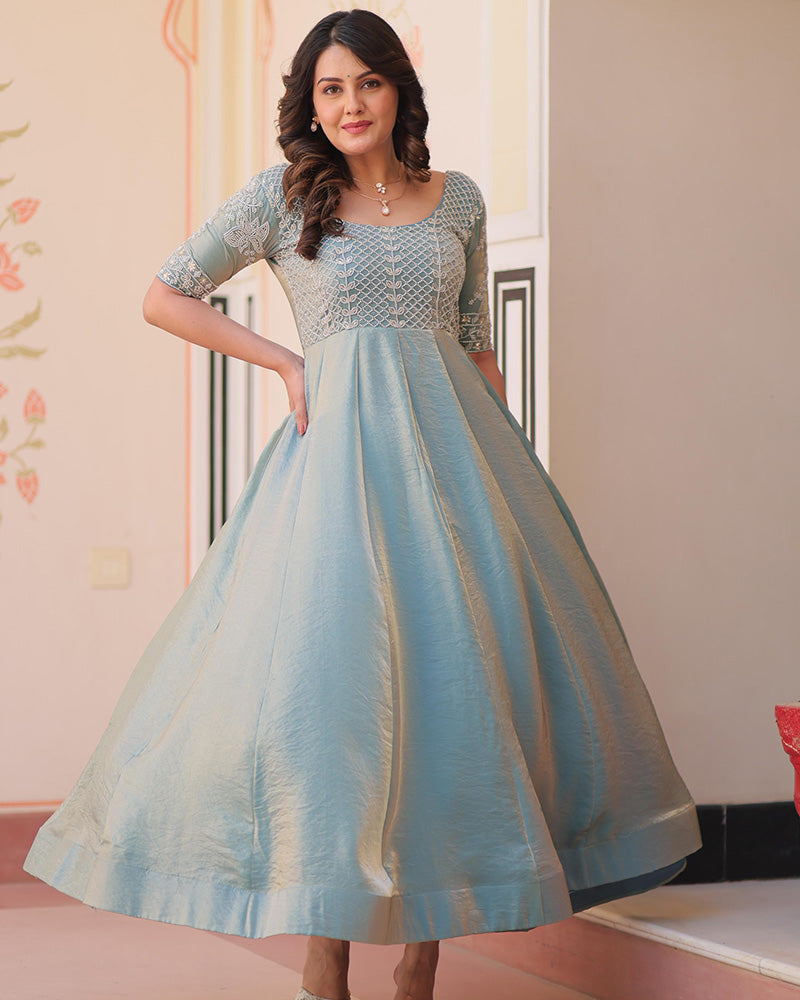 Sky Blue Color Fendi Embroidered work Gown