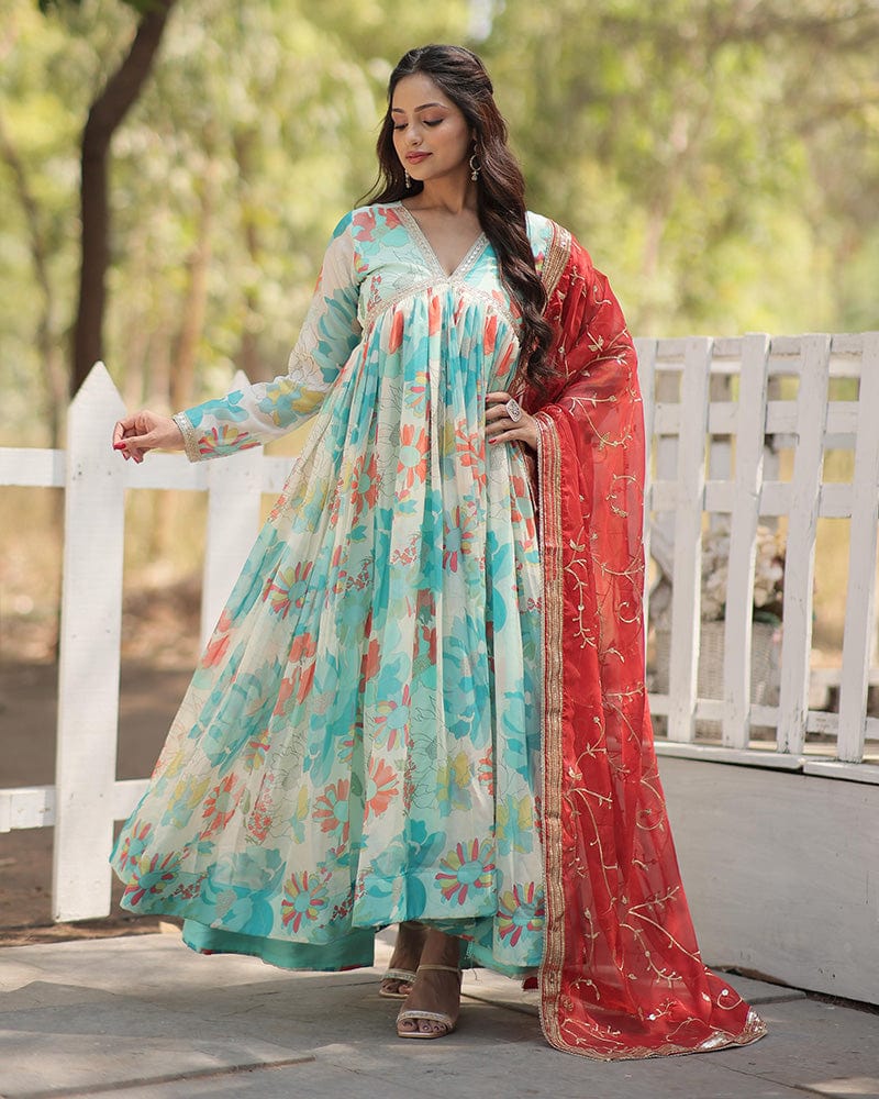 Sky Blue Color Alia Cut Embroidered Gown With Dupatta