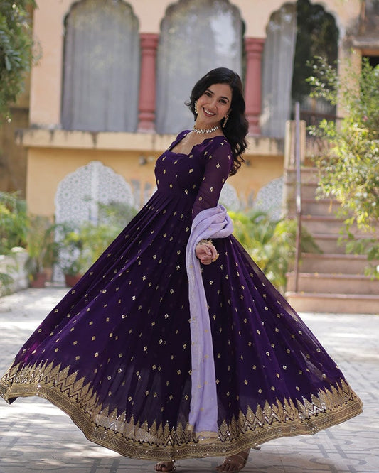 Dark Purple Color Floor Length Gown With Embroidered Dupatta