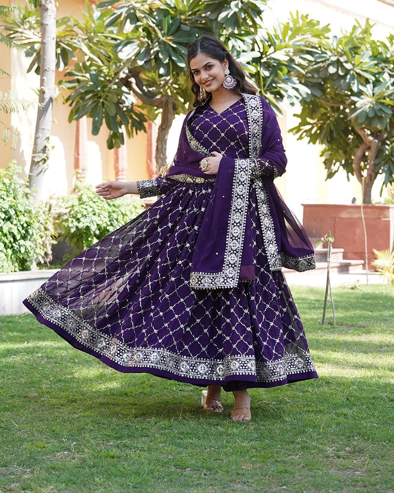 Designer Sequence Embridered Work In Faux Blooming Wine Color Anarkali Gown