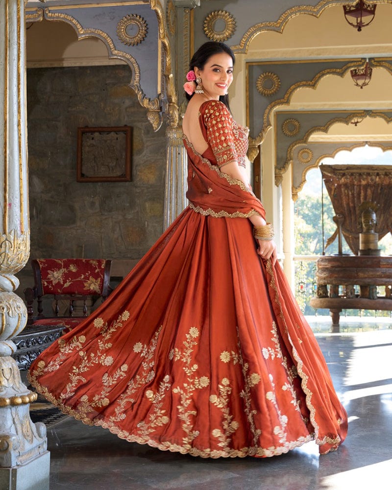 Rust Orange Color Rangoli Silk Embroidered Lehenga Choli