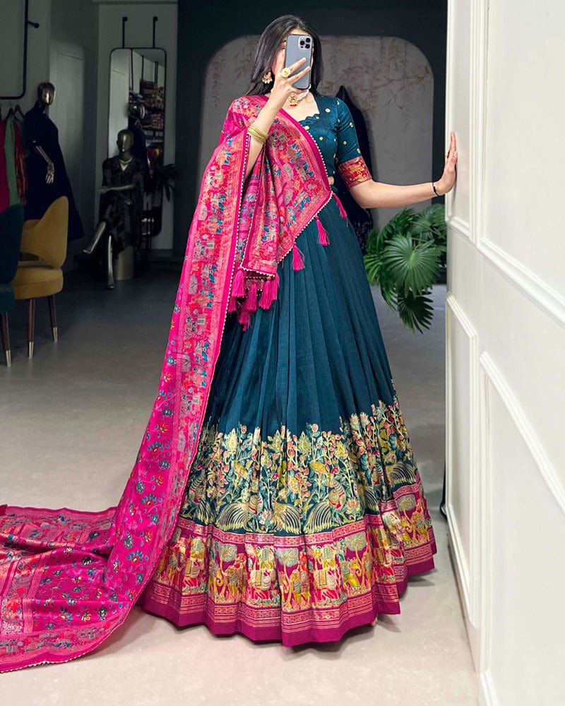 Royal Blue Color Tussar Silk Printed With Foil Work Lehenga Choli